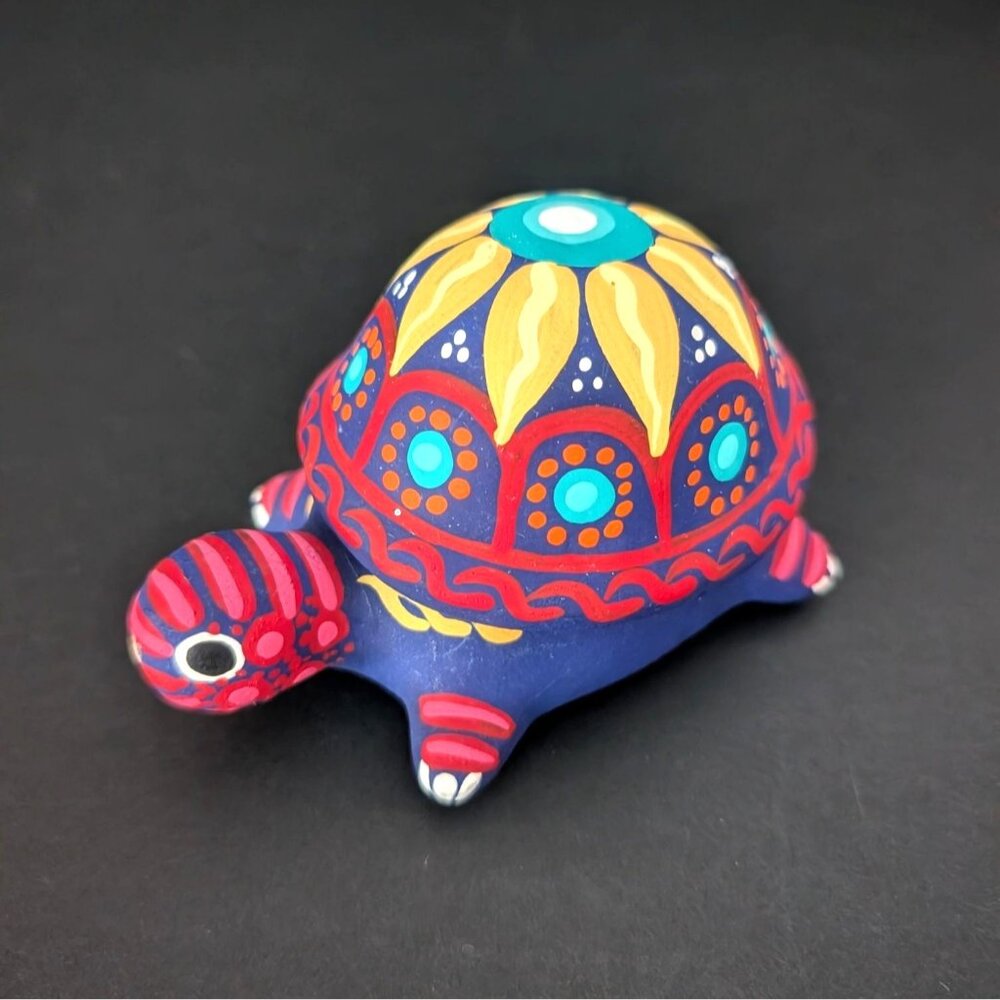Hand-Painted Mexican Pottery Folk Art Turtle Trinket Box